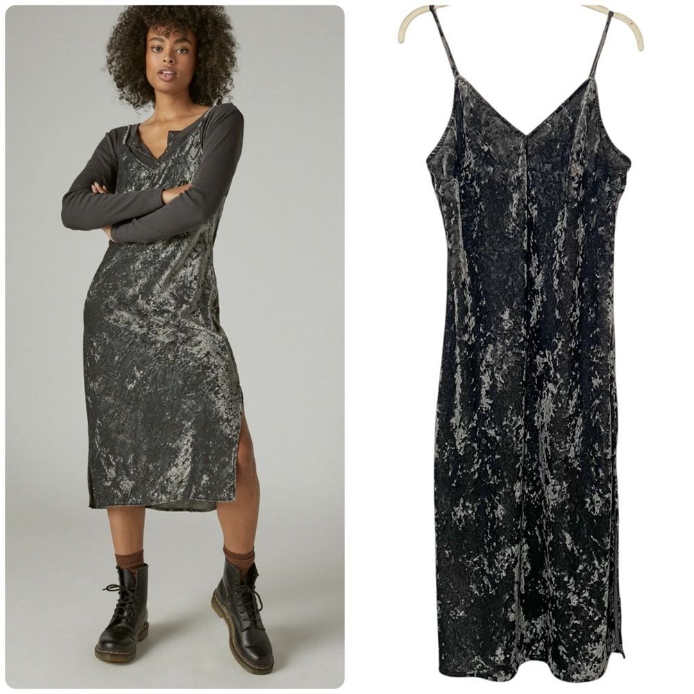 Lucky Brand Green Crushed Velvet Slip Midi Dress | 90s Grunge Minimalist Chic M
